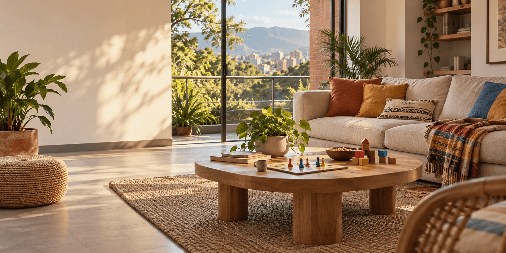 Sala cálida y luminosa preparada para compartir en familia